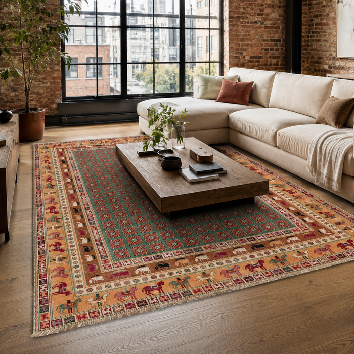 Balanced Arch Deep Blue Traditional Washable Rug shown in an illustrative room