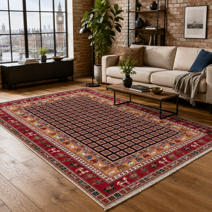 Wandering Lattice Indigo Blue Traditional Washable Rug shown in an illustrative room