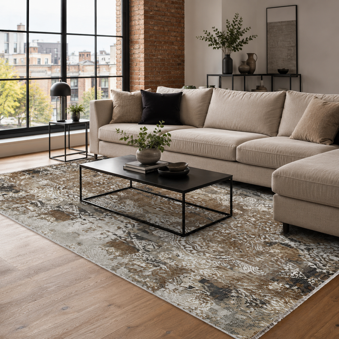 Subtle Medallion Taupe Traditional Washable Rug shown in an illustrative room