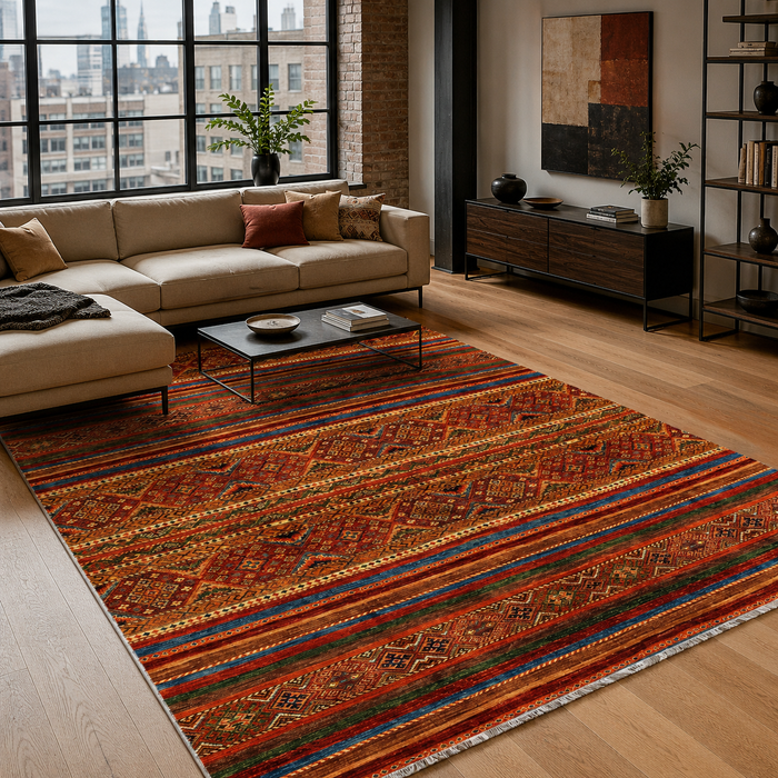 Bold Border Deep Red Heritage Washable Rug shown in an illustrative room