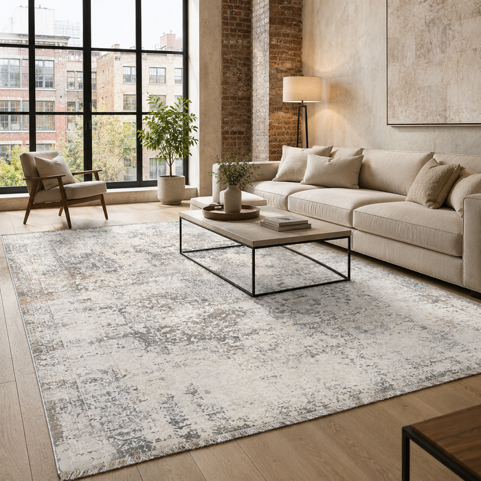 Refined Medallion Natural Beige Traditional Washable Rug shown in an illustrative room