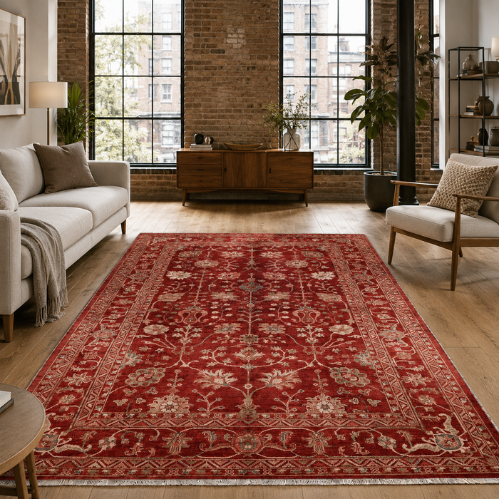 Rich Border Deep Red Heritage Washable Rug shown in an illustrative room