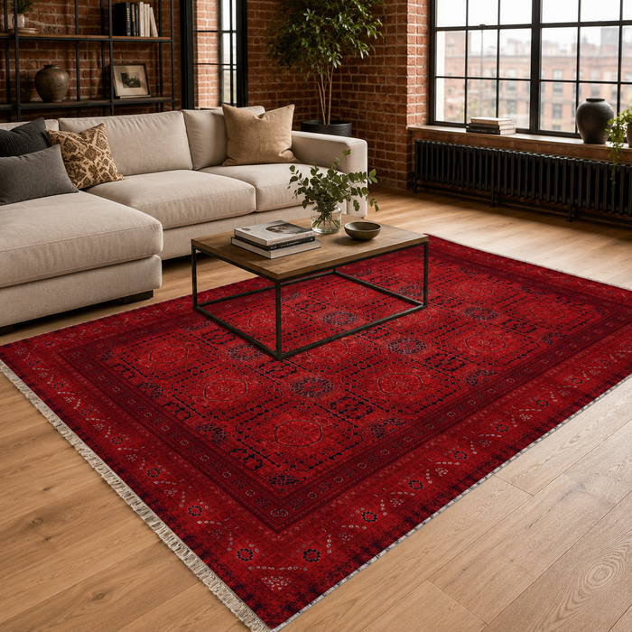 Lantern Heritage Deep Red Washable Rug shown in an illustrative room