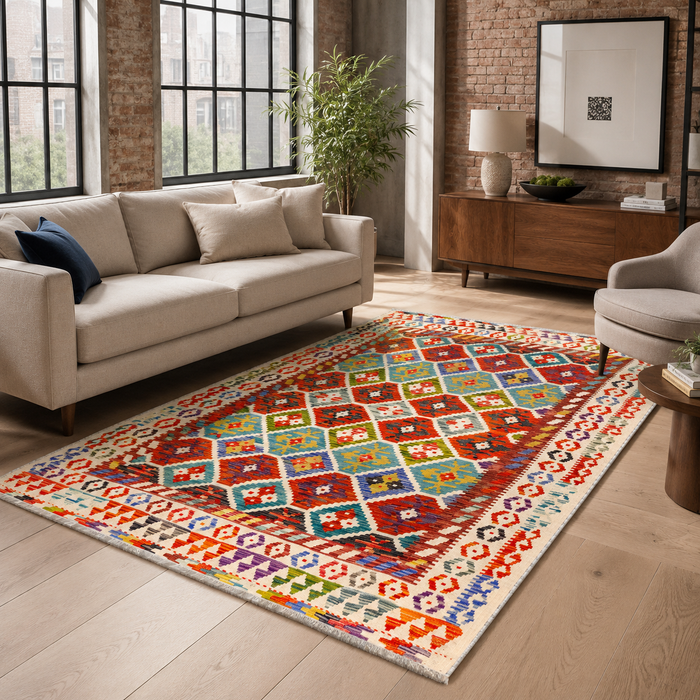 Contemporary Geometry Crimson Red Heritage Washable Rug shown in an illustrative room
