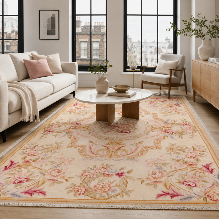 Quiet Stripes Off White Heritage Washable Rug shown in an illustrative room