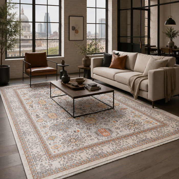 Georgian Octagons Natural Beige Heritage Washable Rug shown in an illustrative room