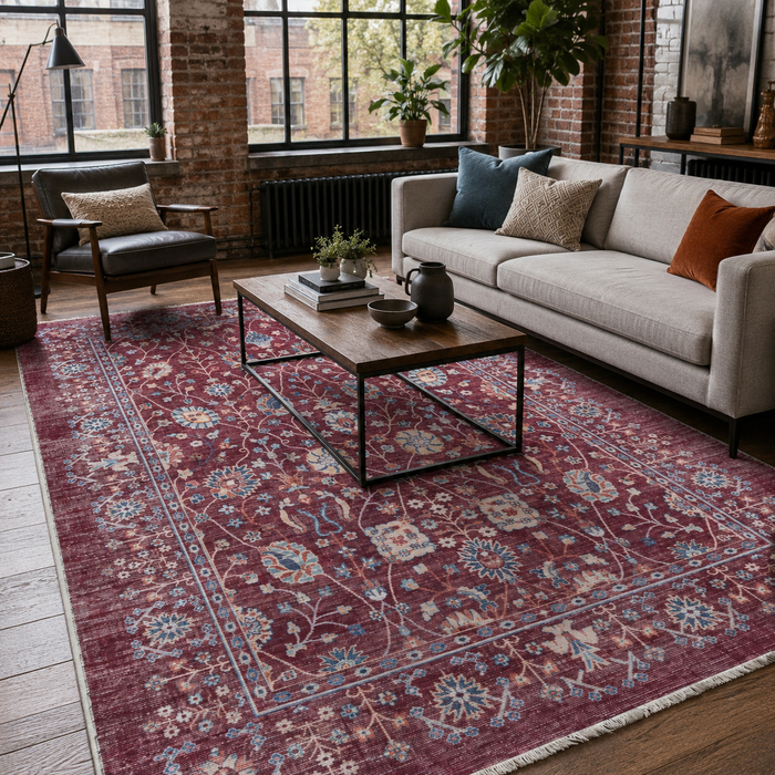 Distinct Octagons Deep Red Heritage Washable Rug shown in an illustrative room