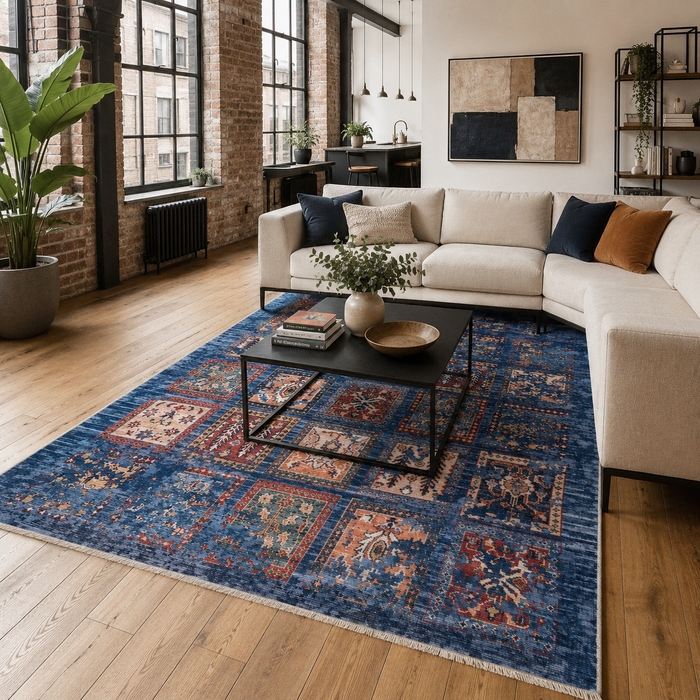 Georgian Lattice Deep Blue Heritage Washable Rug shown in an illustrative room