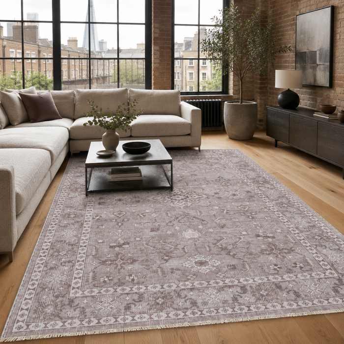Crafted Heritage Grey Washable Rug shown in an illustrative room