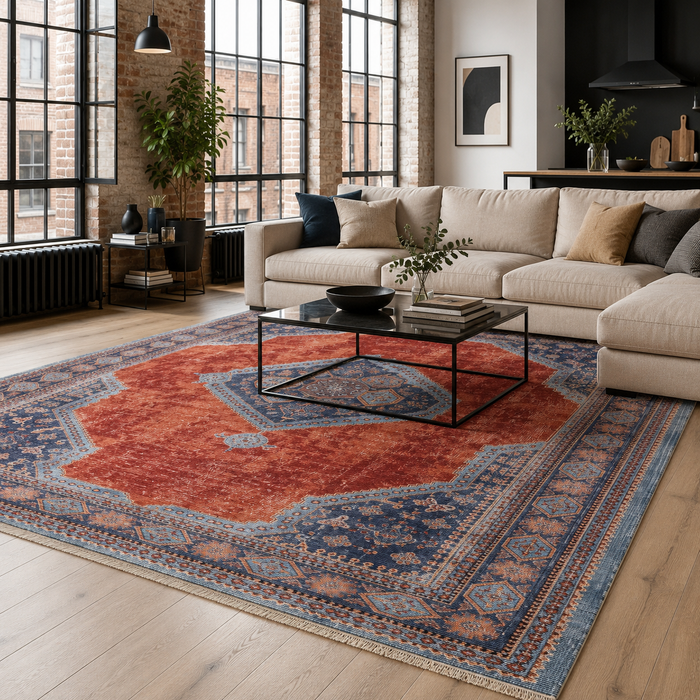 Lantern Heritage Indigo Blue Washable Rug shown in an illustrative room