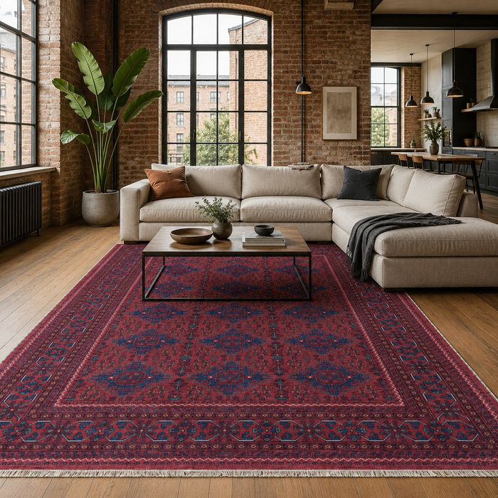 Strong Heritage Deep Red Washable Rug shown in an illustrative room