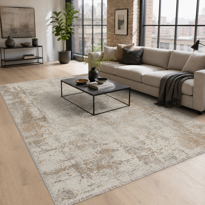 Courtyard Geometry Warm Taupe Heritage Washable Rug shown in an illustrative room