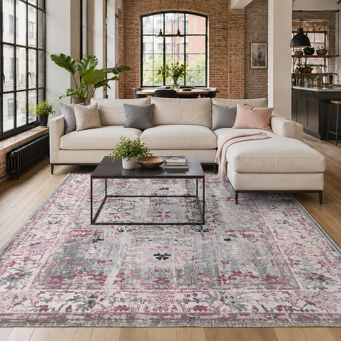 Courtyard Geometry Soft Pink Heritage Washable Rug shown in an illustrative room