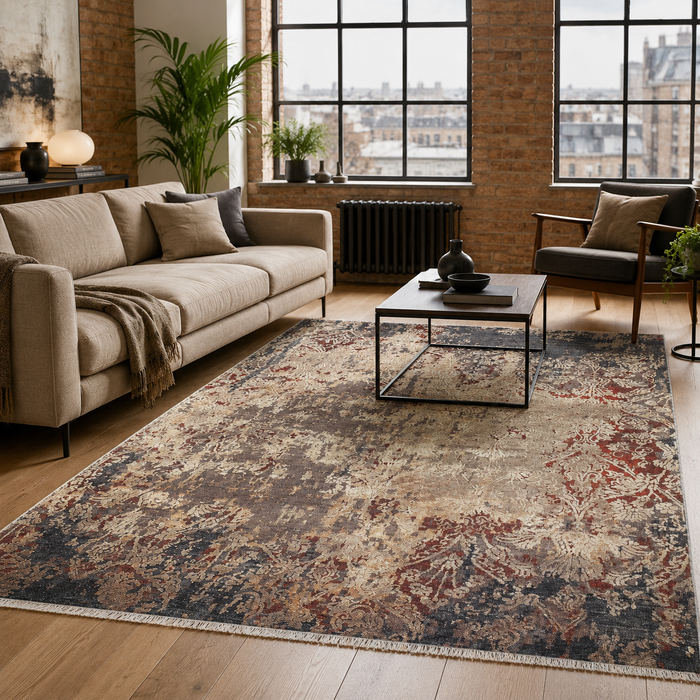 Lantern Heritage Silver Grey Washable Rug shown in an illustrative room