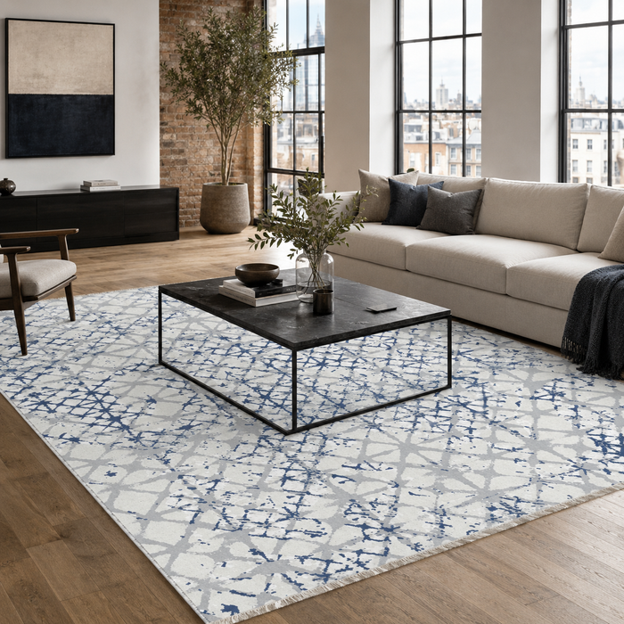 Moonlit Linework Indigo Blue Geometric Washable Rug shown in an illustrative room