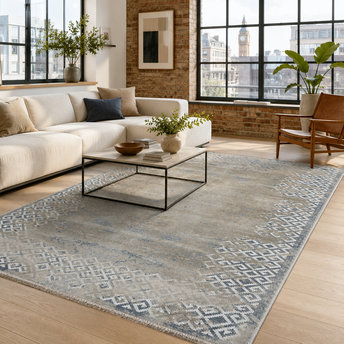 Signature Stripes Bright Blue Geometric Washable Rug shown in an illustrative room