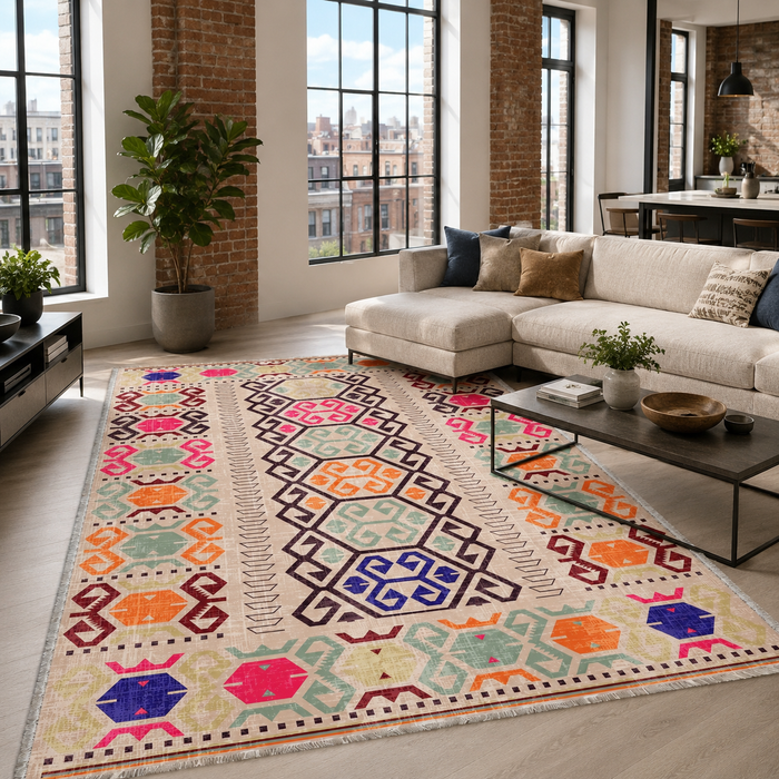 Balanced Geometry Soft Pink Heritage Washable Rug shown in an illustrative room