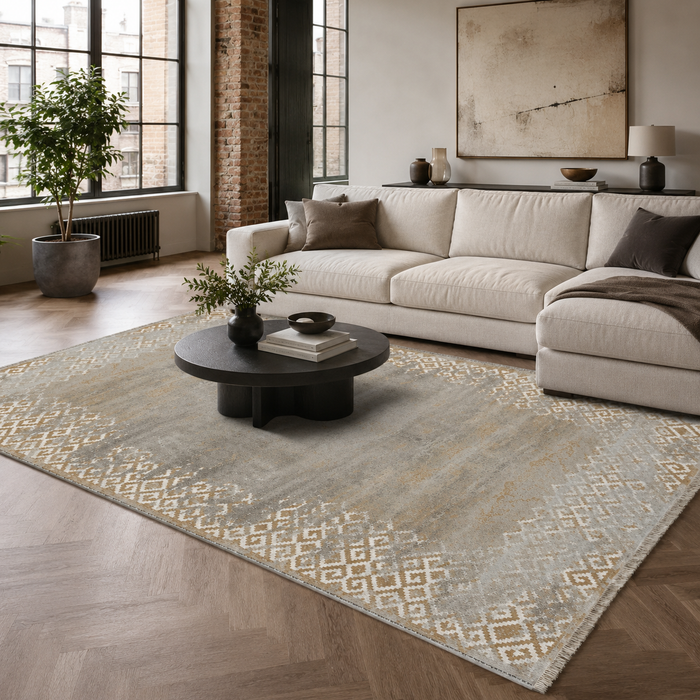 Decorative Lattice Golden Ochre Geometric Washable Rug shown in an illustrative room