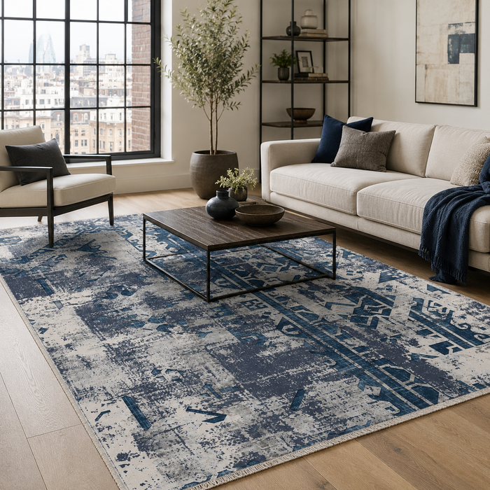 Crossed Geometry Mid Blue Washable Rug shown in an illustrative room