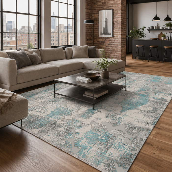 Elevated Lattice Bright Blue Geometric Washable Rug shown in an illustrative room