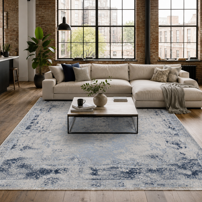 Distinct Octagons Indigo Blue Heritage Washable Rug shown in an illustrative room