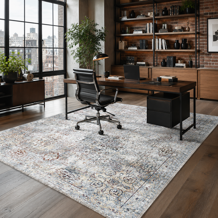 Evening Heritage Indigo Blue Washable Rug shown in an illustrative room