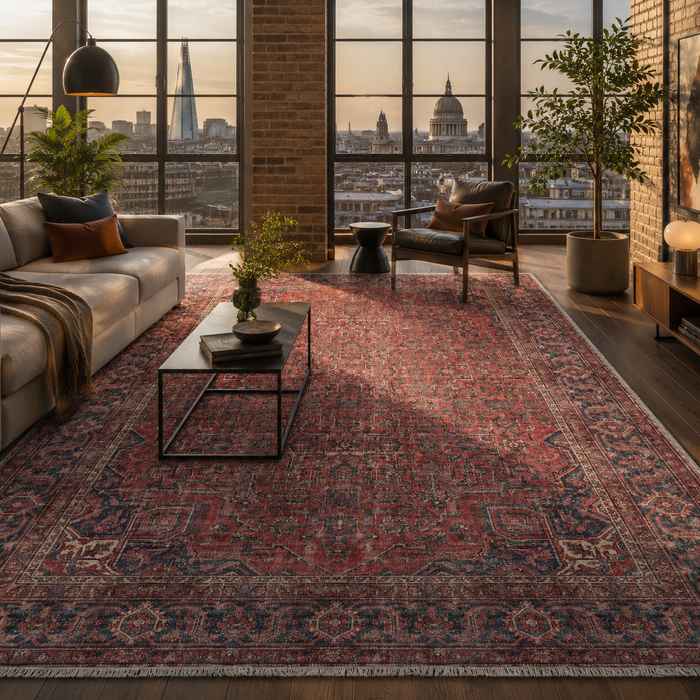 Contemporary Geometry Burnt Red Heritage Washable Rug shown in an illustrative room