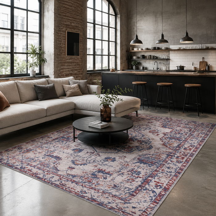 Select Watercolour Mid Grey Vintage Washable Rug shown in an illustrative room