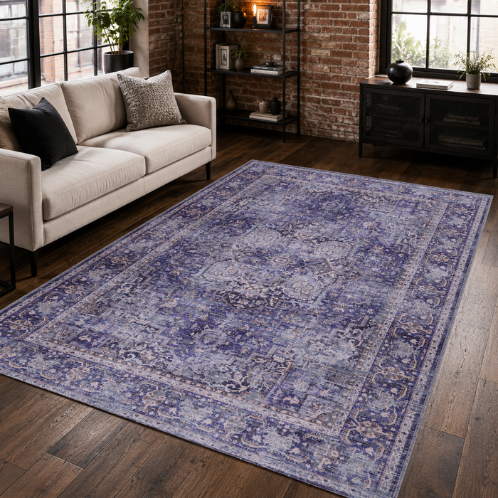Linked Patina Indigo Blue Vintage Washable Rug shown in an illustrative room