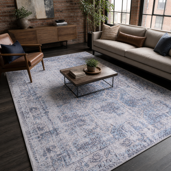 Linked Patina Grey Vintage Washable Rug shown in an illustrative room