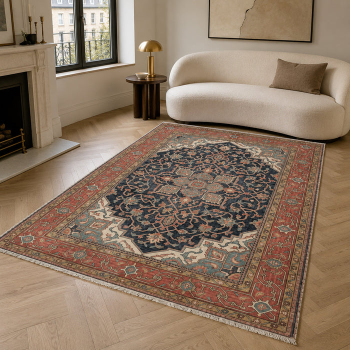 Crossed Arch Navy Blue Traditional Washable Rug shown in an illustrative room