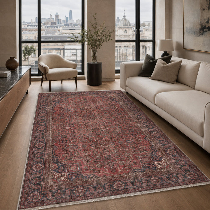 Crisp Patina Deep Red Vintage Washable Rug shown in an illustrative room