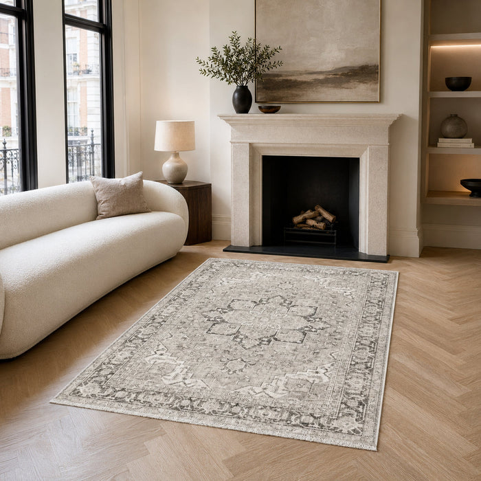 Modular Stripes Mid Grey Traditional Washable Rug shown in an illustrative room