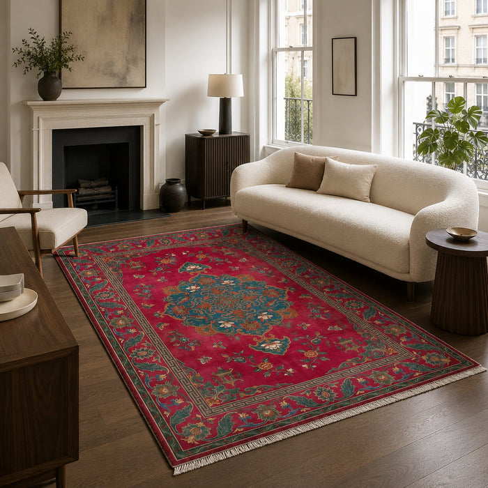 Wandering Lattice Deep Red Traditional Washable Rug shown in an illustrative room