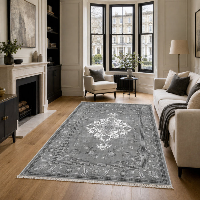 Contemporary Floral Grey Traditional Washable Rug shown in an illustrative room