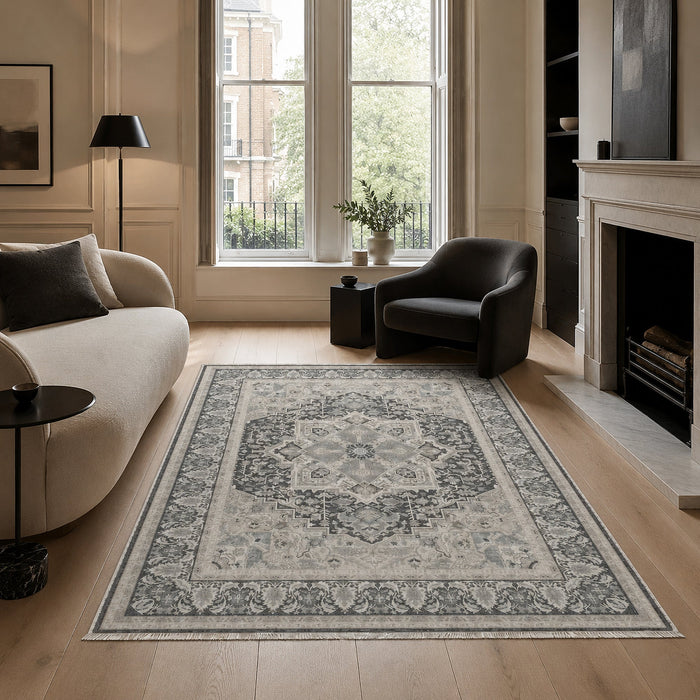 Curated Medallion Silver Grey Traditional Washable Rug shown in an illustrative room