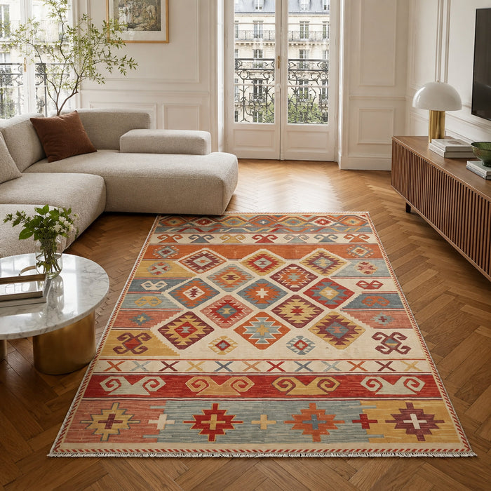 Studio Geometry Warm Gold Heritage Washable Rug shown in an illustrative room