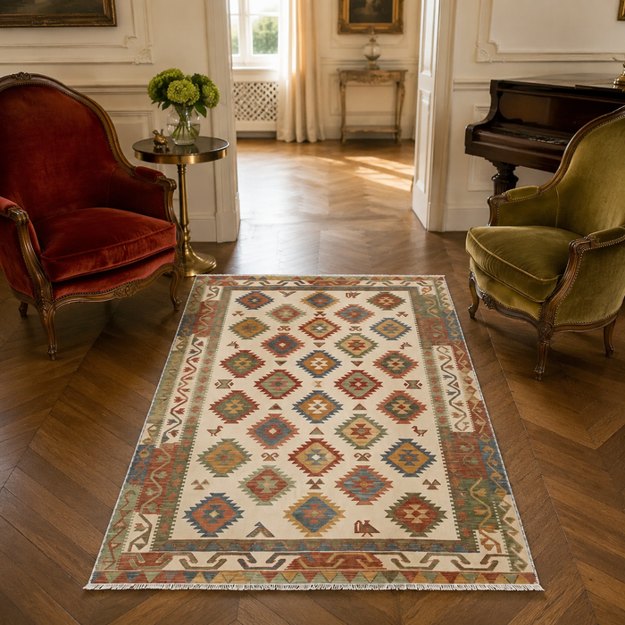 Woven Heritage Soft White Washable Rug shown in an illustrative room