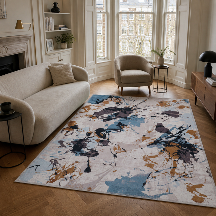 Lantern Stripes Deep Blue Abstract Washable Rug shown in an illustrative room