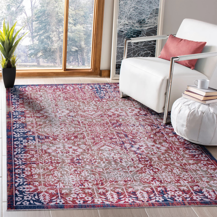 Cool Medallion Soft Pink Traditional Washable Rug shown in an illustrative room