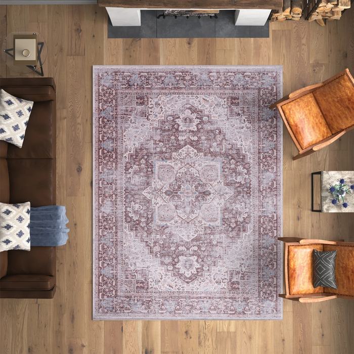 Evening Patina Soft Pink Vintage Washable Rug shown in an illustrative room