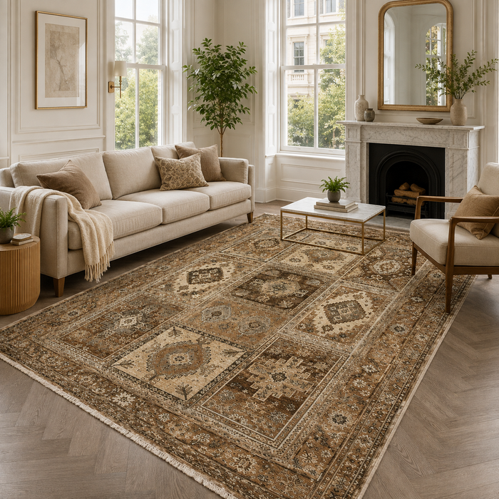 Starlight Heritage Warm Taupe Washable Rug shown in an illustrative room