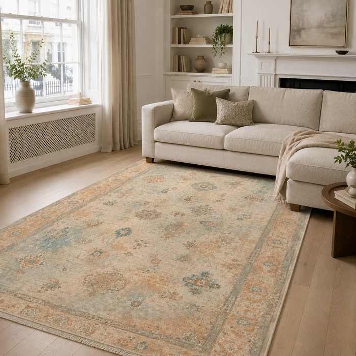 Century Vinework Natural Beige Traditional Washable Rug shown in an illustrative room