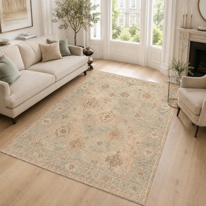 Rich Medallion Off White Traditional Washable Rug shown in an illustrative room
