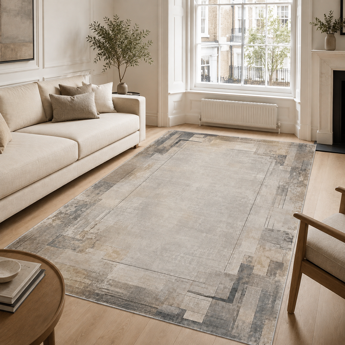 Flowing Patina Off White Vintage Washable Rug shown in an illustrative room
