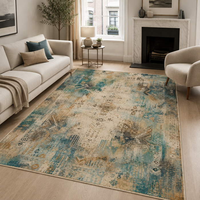 Noble Watercolour Muted Green Abstract Washable Rug shown in an illustrative room