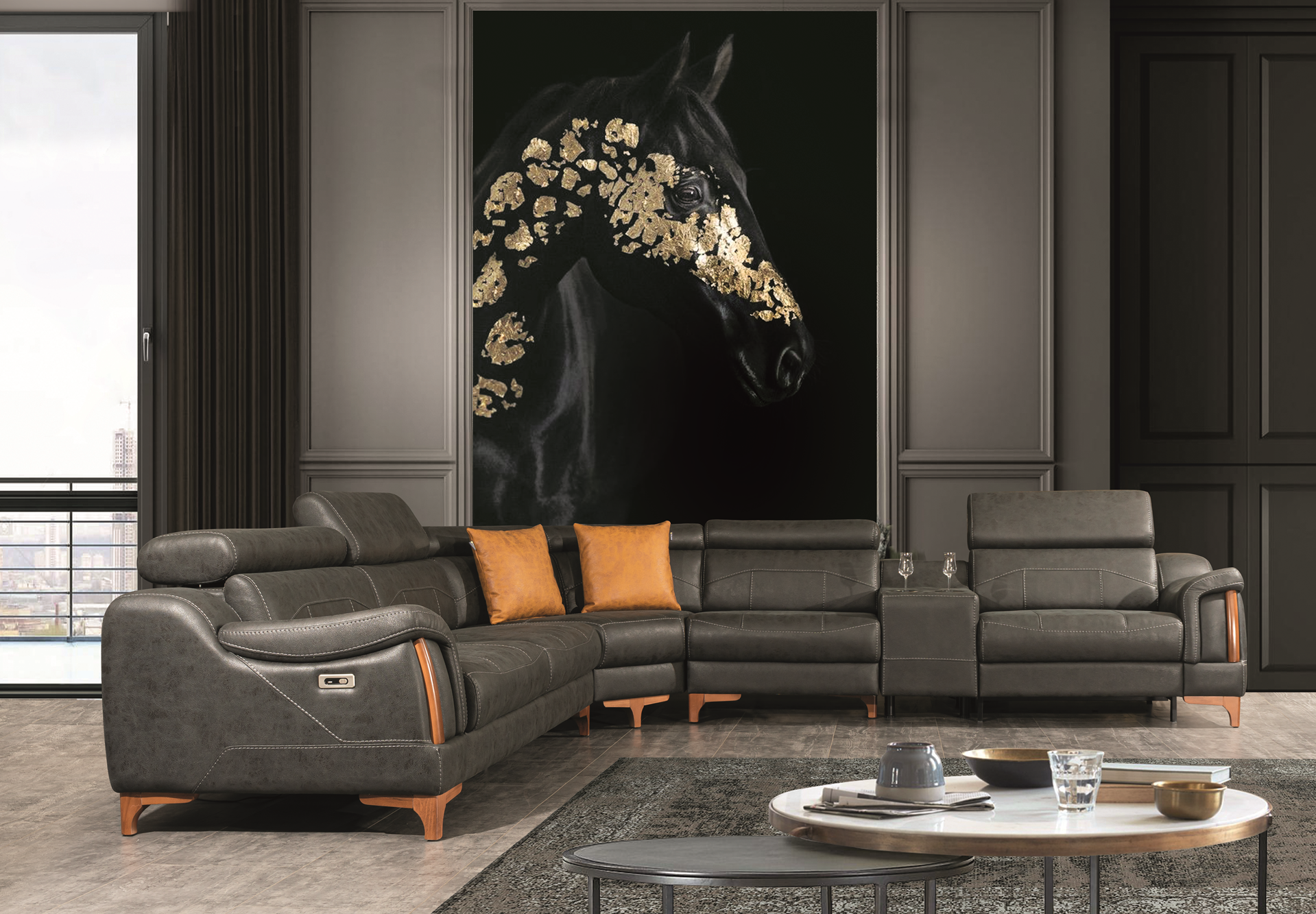 Rio corner recliner sofa by Netline Home Interior, showcasing its plush fabric upholstery and comfortable reclined position.