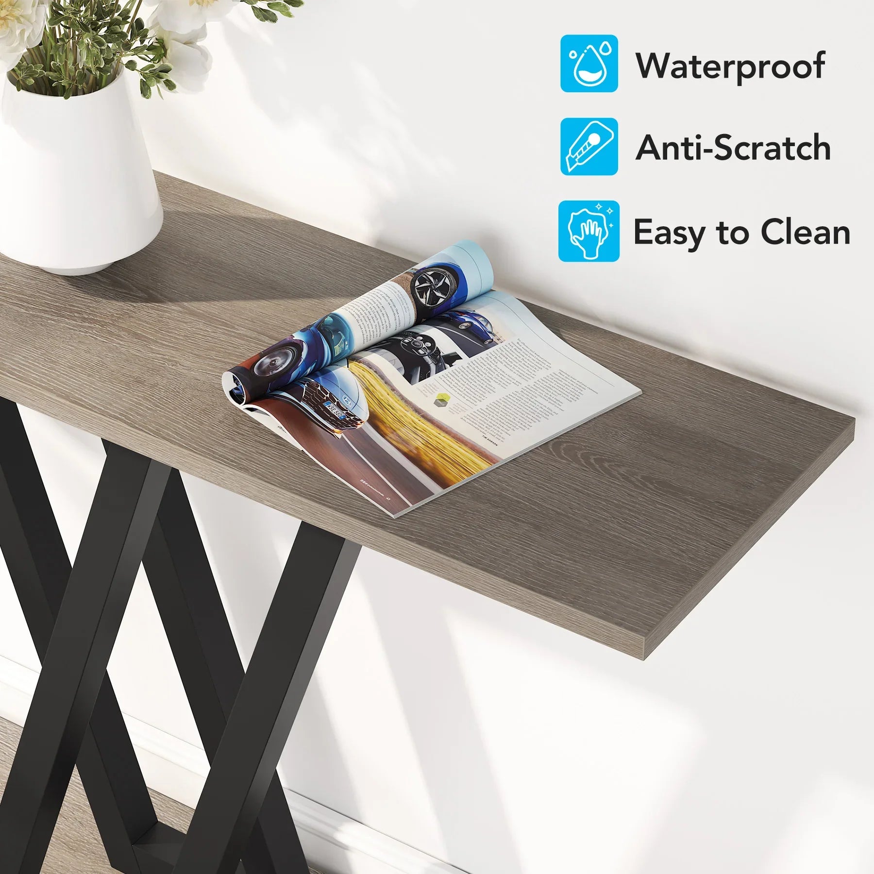 Industrial Klassyx console table with metal frame and wooden surface, modern furniture piece for entryways or living rooms.