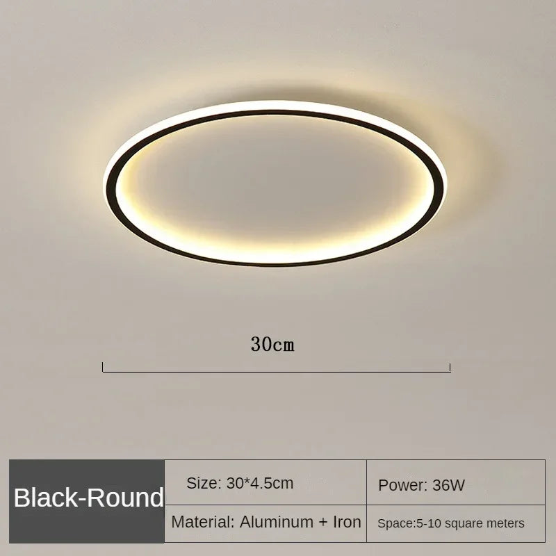 Dimmable LED ring flush mount chandelier in black and white, showcasing sleek modern design and circular ceiling light fixture