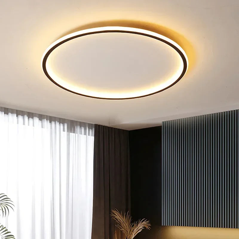 Dimmable LED ring flush mount chandelier in black and white, modern ceiling light fixture with sleek circular design.